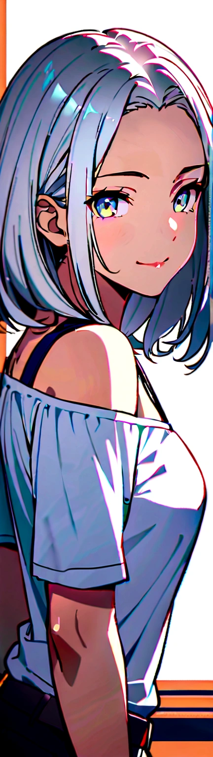 One girl, whitish eyes,center parted hair、forehead,sholder length hair、medium hair、white hair、T-Shirts,(crop top navel:0.8)、gentle smile、Very sexy、upper body,from front,