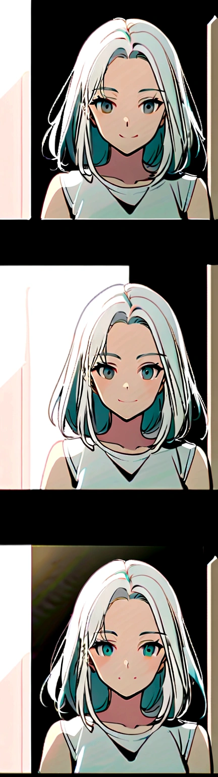 One girl, whitish eyes,center parted hair、forehead,sholder length hair、medium hair、white hair、T-Shirts,(crop top navel:0.8)、gentle smile、Very sexy、upper body,from front,