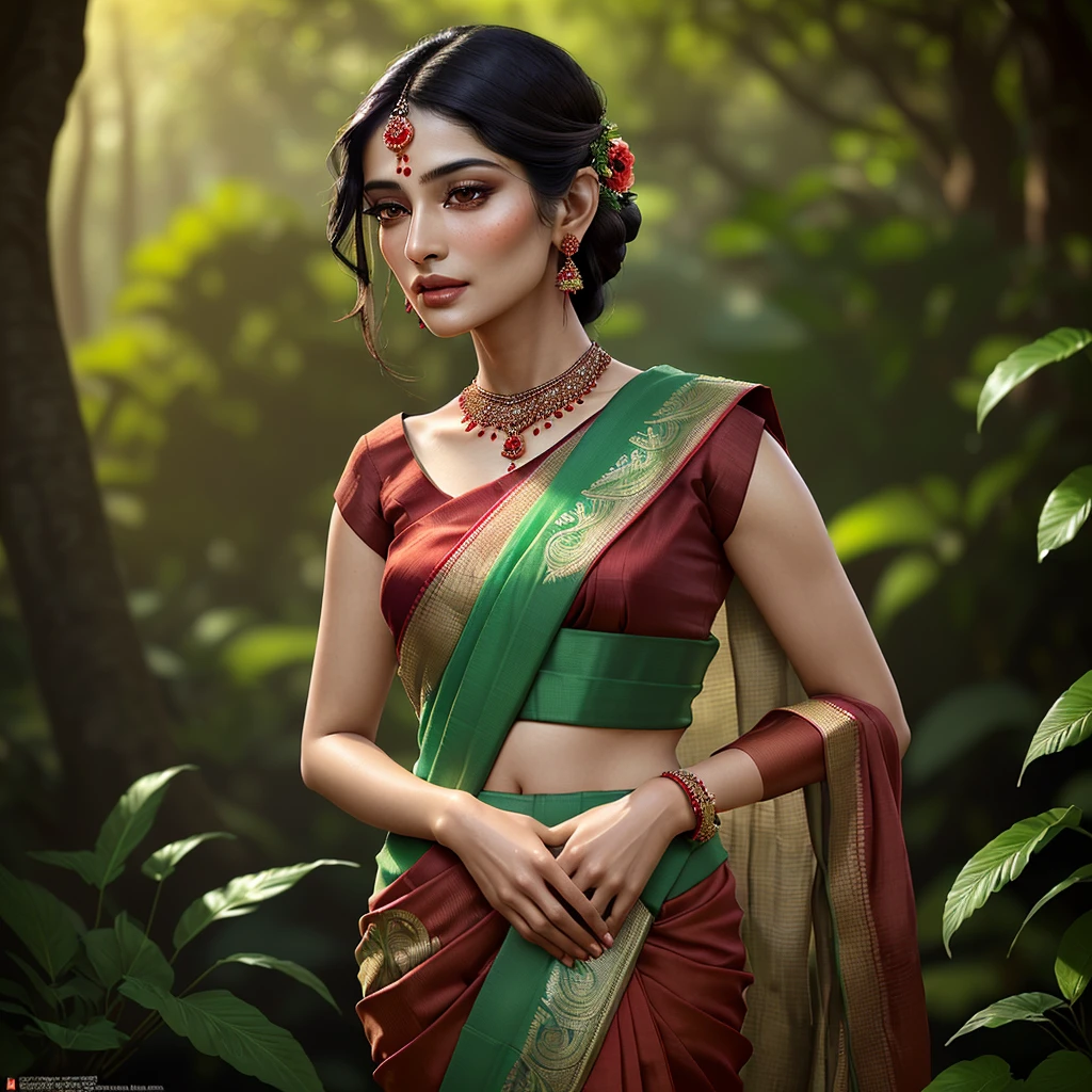 a beautiful woman with flawless skin, gorgeous brown eyes, full lips, long eyelashes, intricate facial features, elegant expression, flowing dark hair, wearing a beautiful red sari, standing in a lush green garden, sunlight streaming through the trees, vibrant colors, cinematic lighting, photorealistic, hyper detailed, award-winning portrait, masterpiece