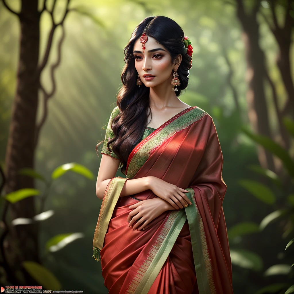 a beautiful woman with flawless skin, gorgeous brown eyes, full lips, long eyelashes, intricate facial features, elegant expression, flowing dark hair, wearing a beautiful red sari, standing in a lush green garden, sunlight streaming through the trees, vibrant colors, cinematic lighting, photorealistic, hyper detailed, award-winning portrait, masterpiece