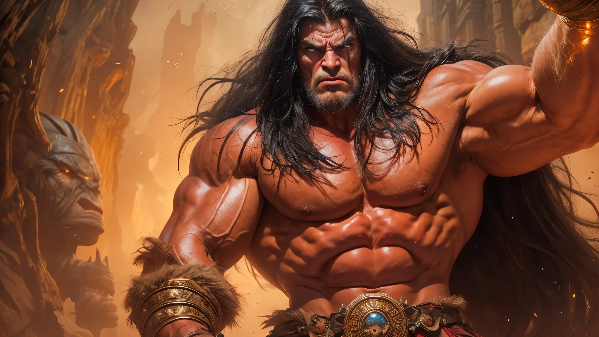 Extremely muscular man, chiseled features, washboard stomach, detailed hands, one thumb on each hand, four fingers on each hand, dark hair, detailed eyes, fierce expression, massive monster in the background, conan the barbarian, frank frazetta style painting, 