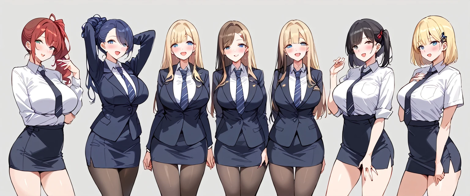 masterpiece, best quality, simple background, random hairstyle, large breasts,  6 girls,  necktie,