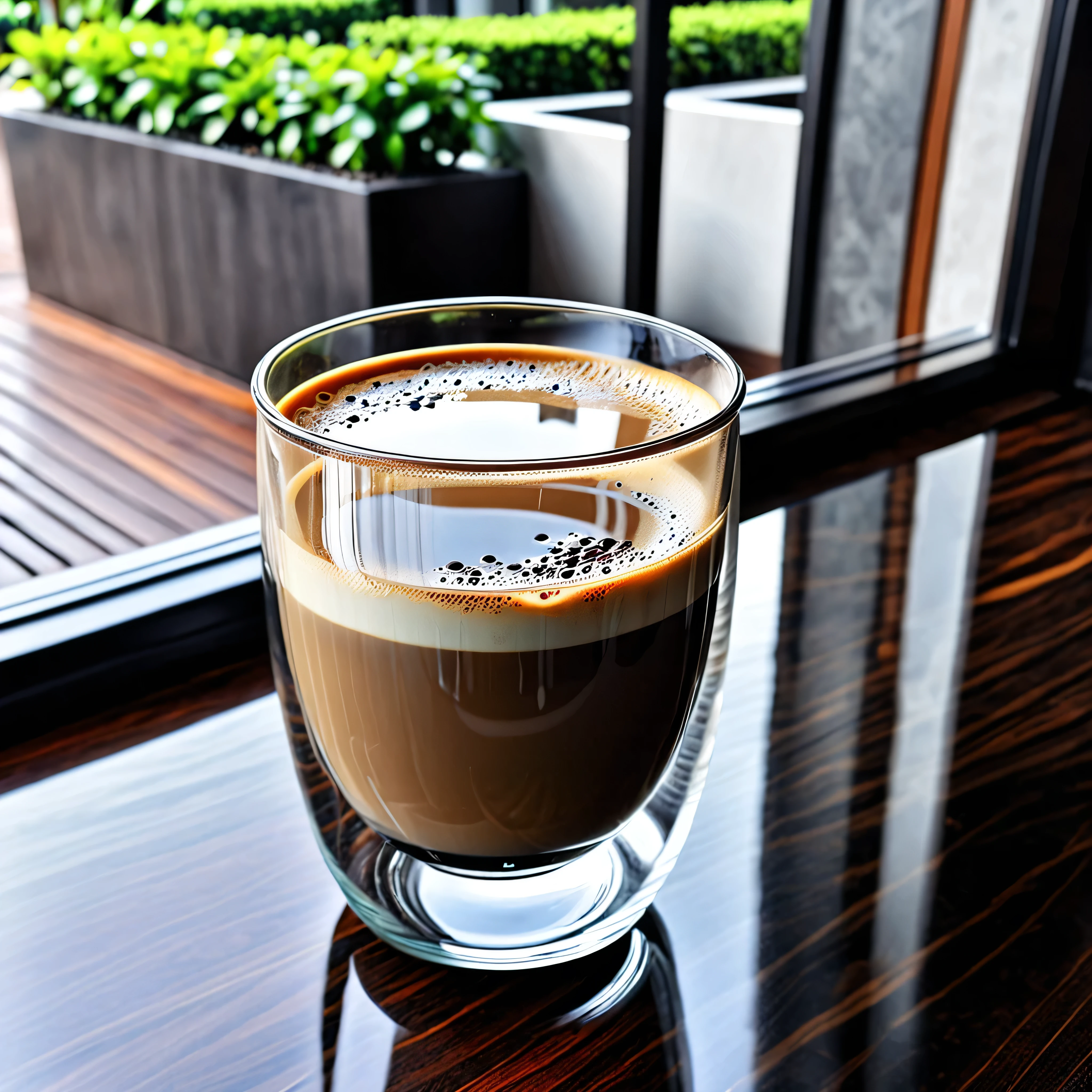 เเก้วcoffee,Camera angle,clear,virtual,sharp,Chilliness,things,Is the surrounding area empty?,reflect,coffee,real,realistic glass,serene,Keep a little detail.