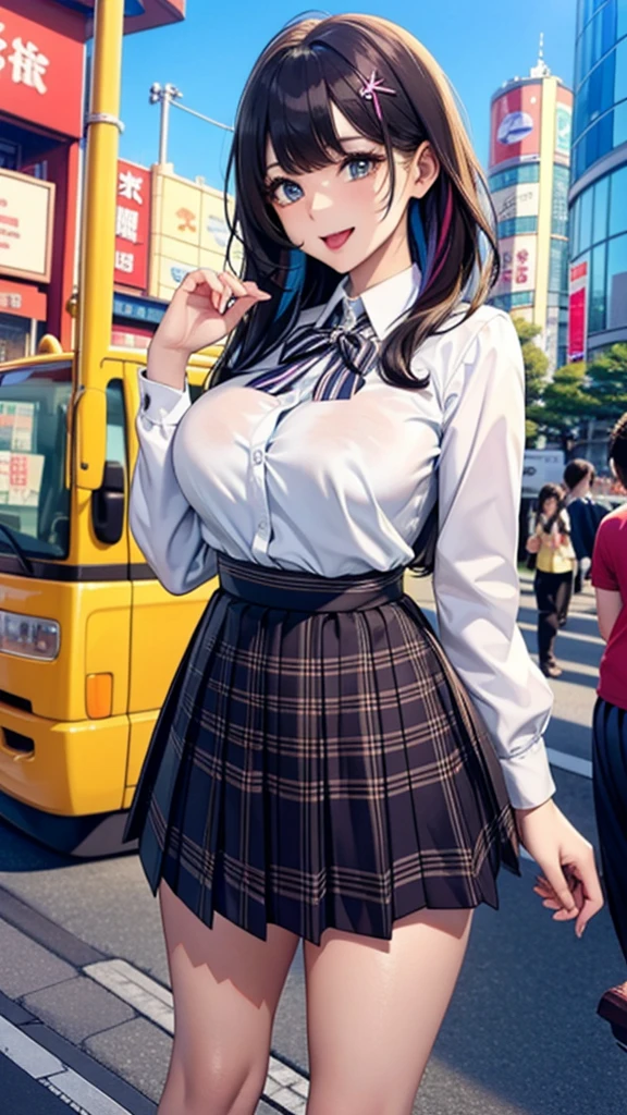 (Highest quality), (so beautiful), (Super detailed), (Best illustrations), Gal, Improve, alone, 1 dog, Rainbow Hair,Long Hair, Messy Hair, Random color eyes, Large Breasts, stripe dress shirt, Pleated skirt,Tokyo,Fancy city,Laughing with your mouth open