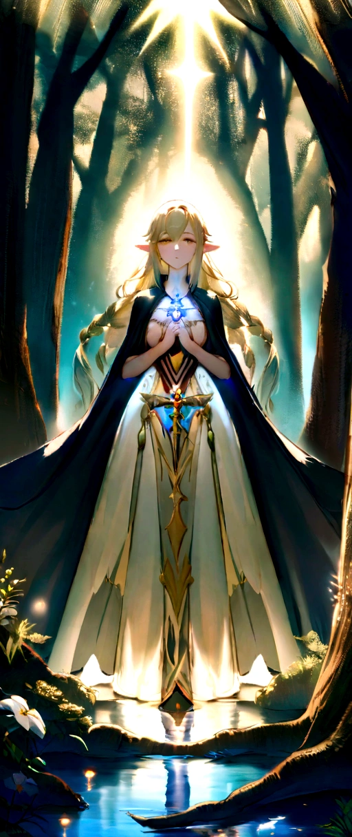 "Generates an anime-style image, Inspired by Genshin Impact, 1womanl, whole body, representing Seraphina Aelindë, a noble and hospitable knight of the Order of Saint John of Jerusalem and an elf of profound beauty. into the image, Seraphina is in an ancient forest, Surrounded by tall and mysterious trees. Their long, Luminous brown hair falls in intricate braids over her shoulders, with golden sparkles that magically catch the light. His intense, Celestial blue eyes gaze with compassion and determination at the horizon.. He wears a black cape with a white cross on his left chest..., and a black hooded cloak that billowed slightly in the forest breeze. Your hands gracefully hold the hilt of a sword, symbolizing their bravery and commitment to protection. The image captures Serafhina'Your serene and noble presence, as she radiates a deep connection with nature and the magic that surrounds her."