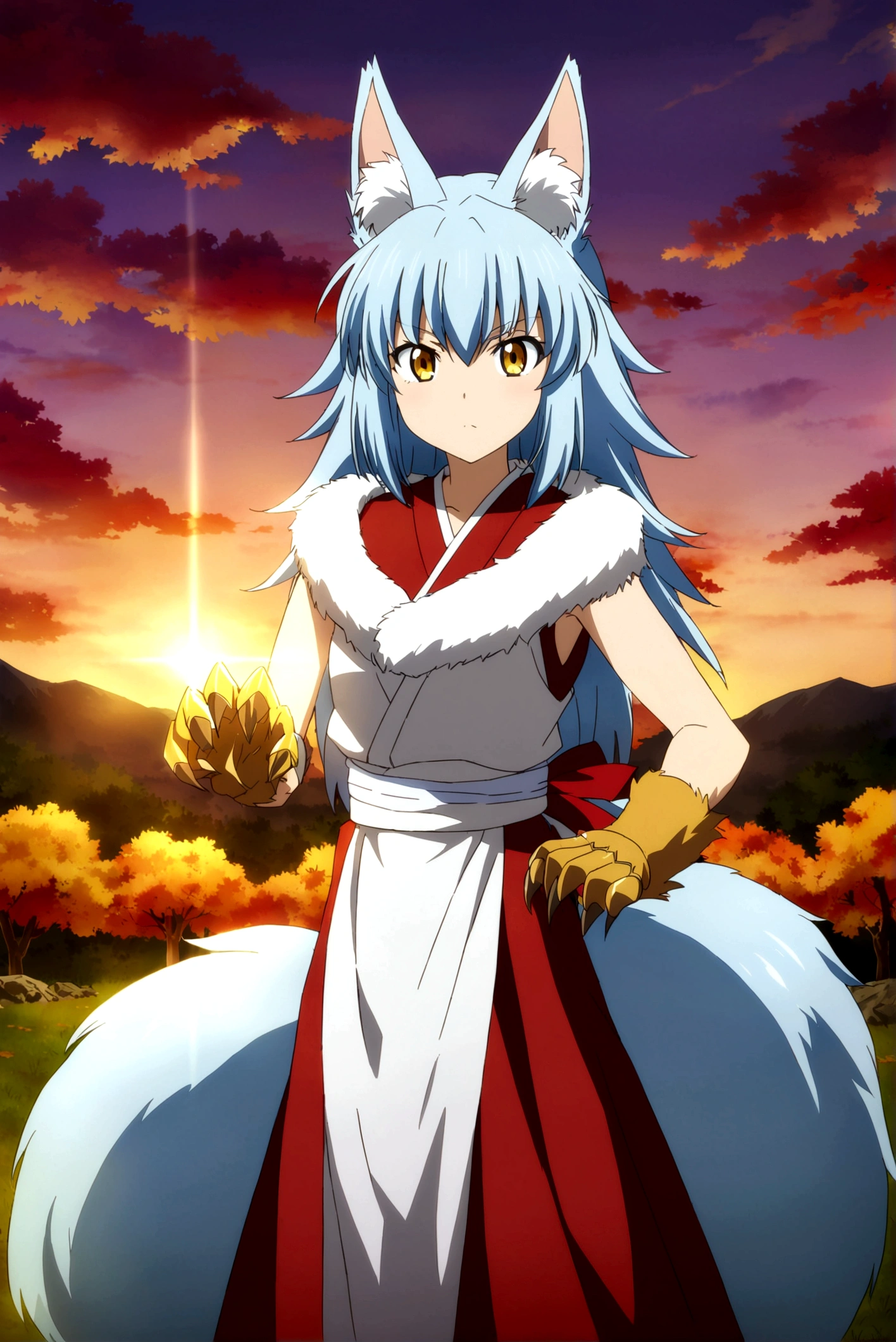 fox Light blue hair beast girl indigo fur fox beast girl Sesshomaru, Yellow eyes, Anime, Perfect face, Perfect Lighting, Outdoors, Warm colors, Dark purple sky, Autumn sunset, \(inuyasha\), Bearing Claw, Ready to fight