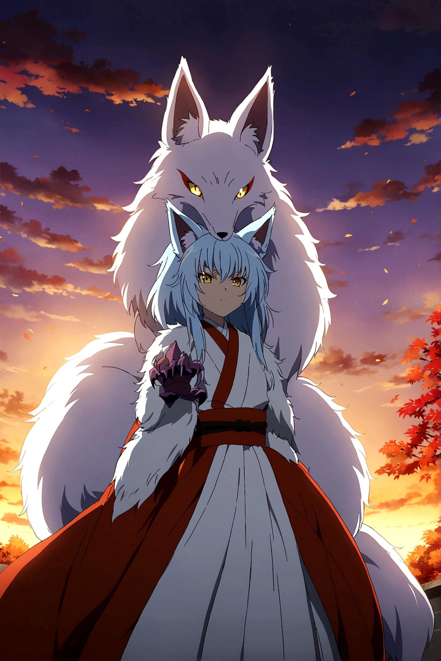 fox Light blue hair beast girl indigo fur fox beast girl Sesshomaru, Yellow eyes, Anime, Perfect face, Perfect Lighting, Outdoors, Warm colors, Dark purple sky, Autumn sunset, \(inuyasha\), Bearing Claw, Ready to fight