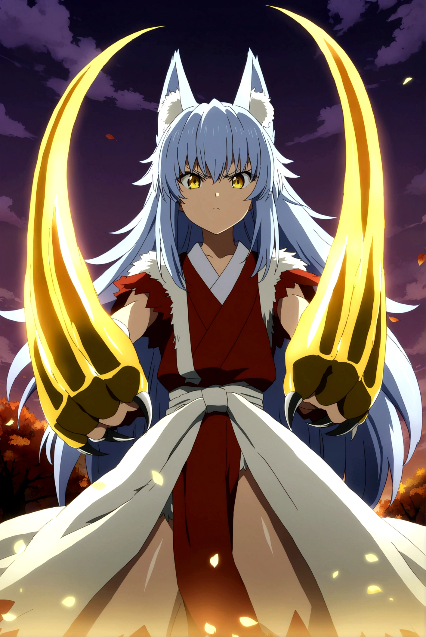 fox Light blue hair beast girl indigo fur fox beast girl Sesshomaru, Yellow eyes, Anime, Perfect face, Perfect Lighting, Outdoors, Warm colors, Dark purple sky, Autumn sunset, \(inuyasha\), Bearing Claw, Ready to fight