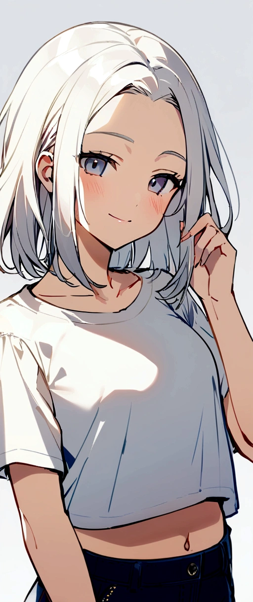 One girl, whitish eyes,center parted hair、forehead,sholder length hair、medium hair、white hair、T-Shirts,(crop top navel:0.8)、gentle smile、Very sexy、upper body,from front,