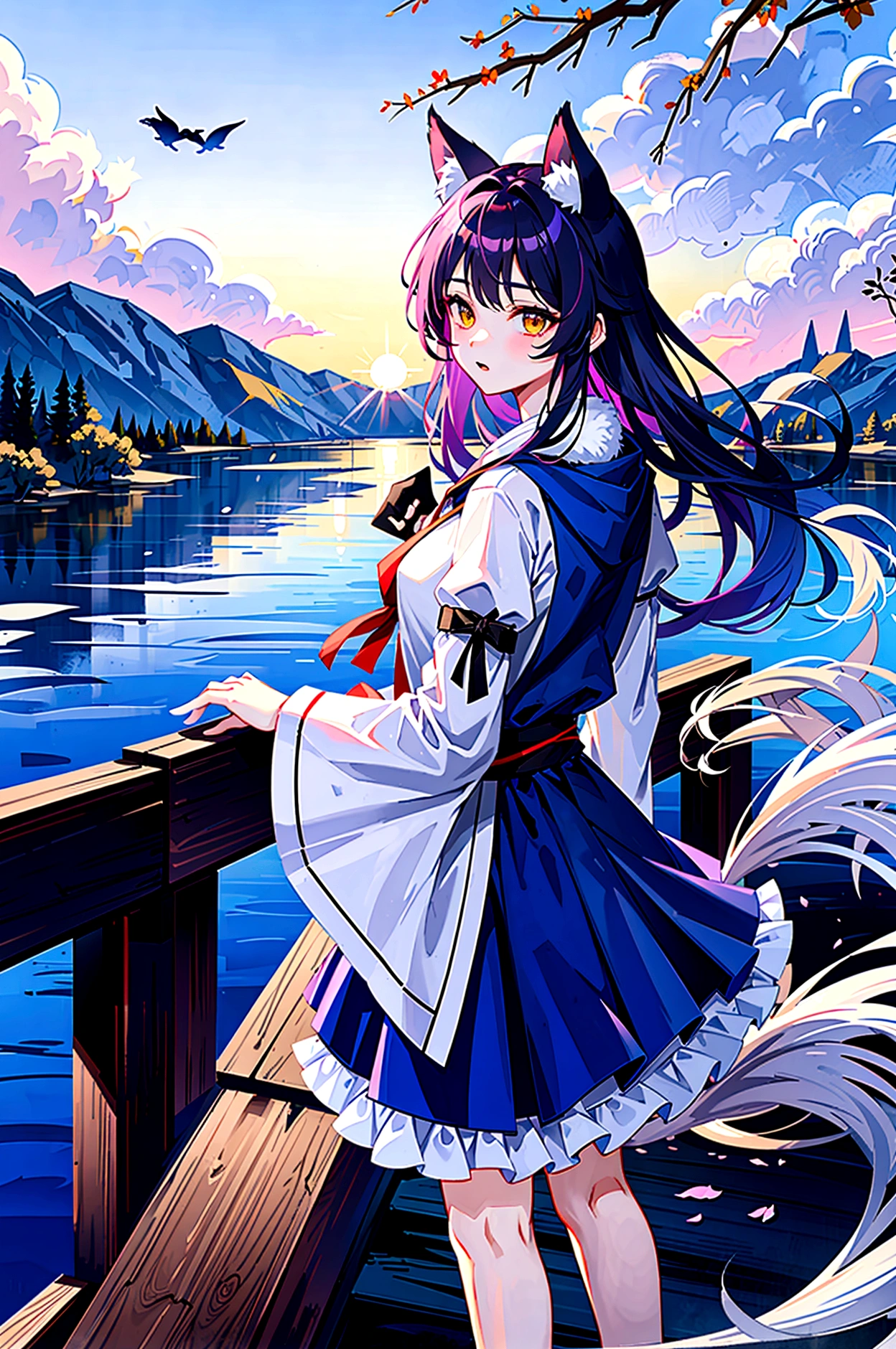 fox Light blue hair beast girl indigo fur fox beast girl Sesshomaru, Yellow eyes, Anime, Perfect face, Perfect Lighting, Outdoors, Warm colors, Dark purple sky, Autumn sunset, \(inuyasha\), Bearing Claw, Ready to fight wave, koi fish, anime artstyle, wide view, fluffy. yellow fox, marking under the eyes, crystal antler ,violet eyes, wearing bandanna, flower petals, Ambient light,Ultra-fine fur,volumettic light,natural lightting,fox tail,nevando,35mm。High quality, high detal, Best quality, hyper HD,individual,Single
