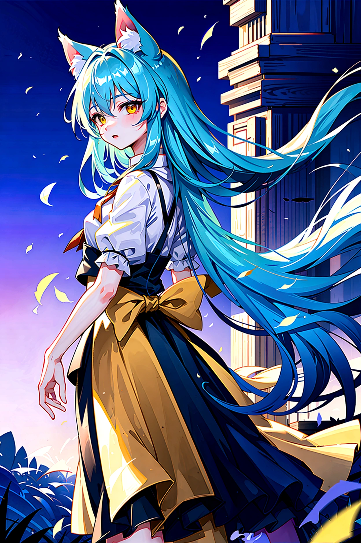 fox Light blue hair beast girl indigo fur fox beast girl Sesshomaru, Yellow eyes, Anime, Perfect face, Perfect Lighting, Outdoors, Warm colors, Dark purple sky, Autumn sunset, \(inuyasha\), Bearing Claw, Ready to fight wave, koi fish, anime artstyle, wide view, fluffy. yellow fox, marking under the eyes, crystal antler ,violet eyes, wearing bandanna, flower petals, Ambient light,Ultra-fine fur,volumettic light,natural lightting,fox tail,nevando,35mm。High quality, high detal, Best quality, hyper HD,individual,Single