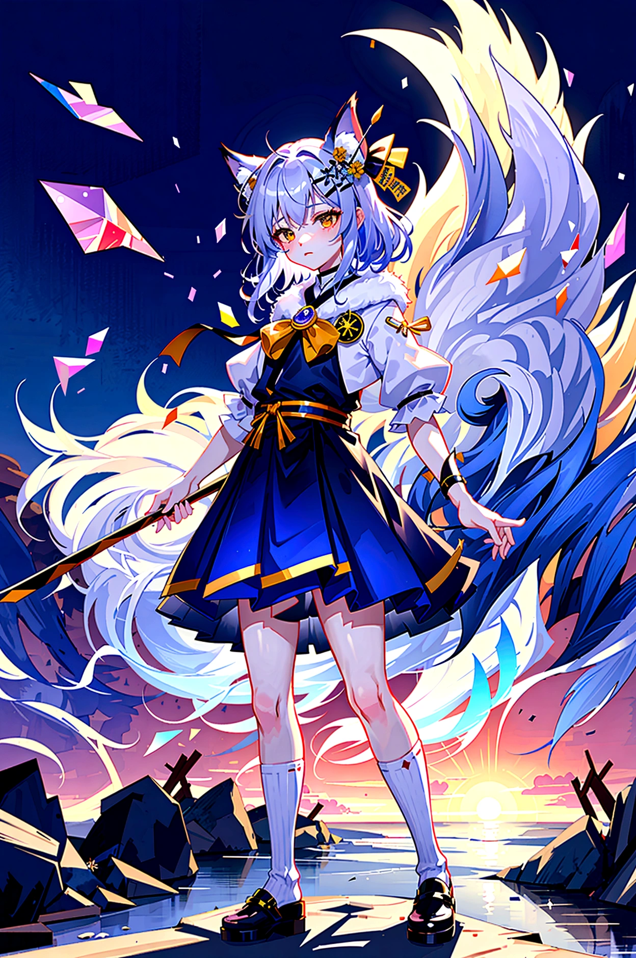 fox Light blue hair 　beast girl　indigo fur　fox beast girl　Sesshomaru, Yellow eyes, Anime, Perfect face, Perfect Lighting, Outdoors, Warm colors, Dark purple sky, Autumn sunset,  \(inuyasha\), Bearing Claw, Ready to fight　wave, koi fish, anime artstyle, wide view, fluffy. yellow  fox, marking under the eyes, crystal antler ,violet eyes, wearing bandanna, flower petals, Ambient light，Ultra-fine fur，volumettic light，natural  lightting，fox tail，nevando，35mm。High quality, high detal, Best quality, hyper HD，individual，Single