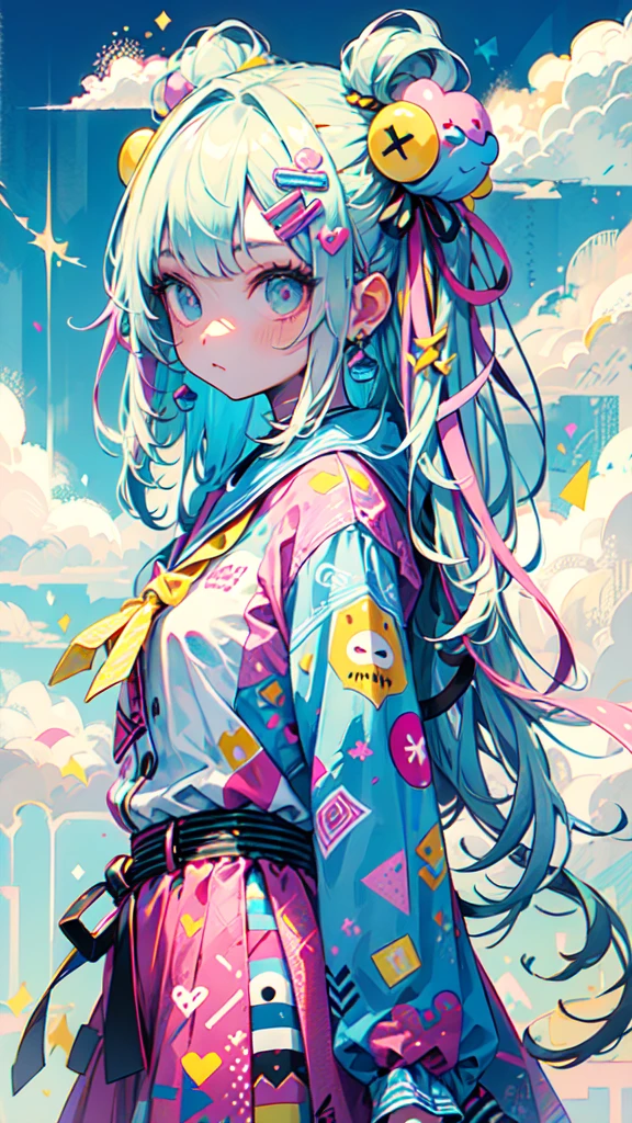 "kawaii, beautiful, Adorable girl dressed in pink, yellow, and baby blue color scheme. She wears sky-themed clothing with clouds and sky motifs... Her outfit is fluffy and soft, With decorative accessories such as hair clips. She embodies a vibrant and modern Harajuku fashion style."