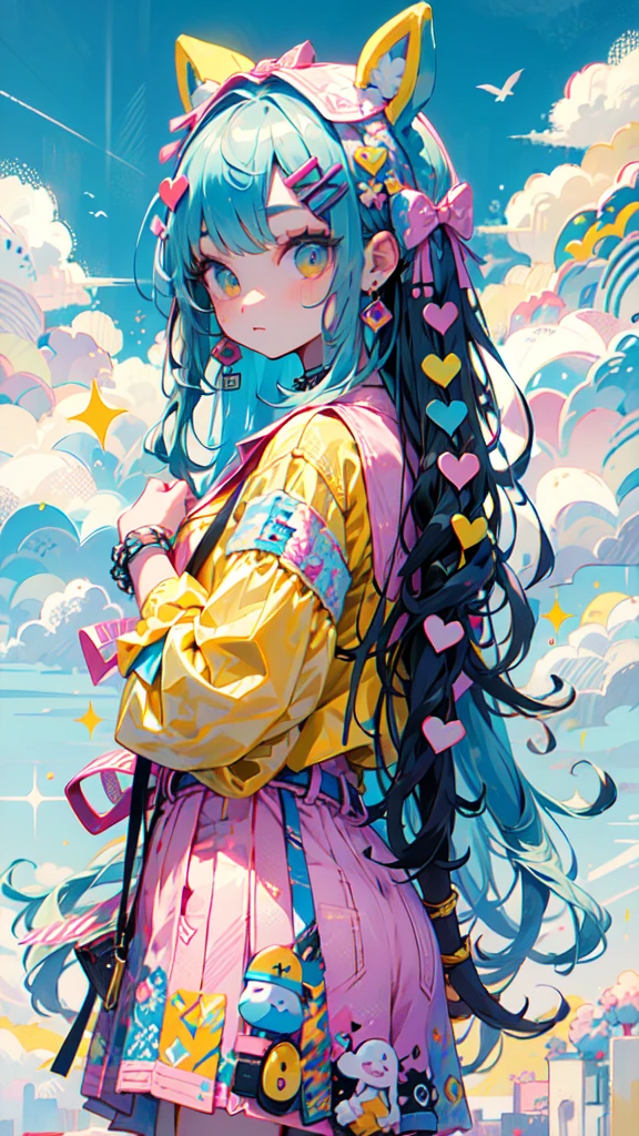 "kawaii, beautiful, Adorable girl dressed in pink, yellow, and baby blue color scheme. She wears sky-themed clothing with clouds and sky motifs... Her outfit is fluffy and soft, With decorative accessories such as hair clips. She embodies a vibrant and modern Harajuku fashion style."