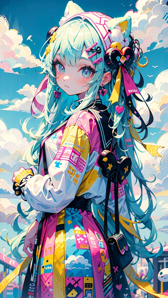 "kawaii, beautiful, Adorable girl dressed in pink, yellow, and baby blue color scheme. She wears sky-themed clothing with clouds and sky motifs... Her outfit is fluffy and soft, With decorative accessories such as hair clips. She embodies a vibrant and modern Harajuku fashion style."