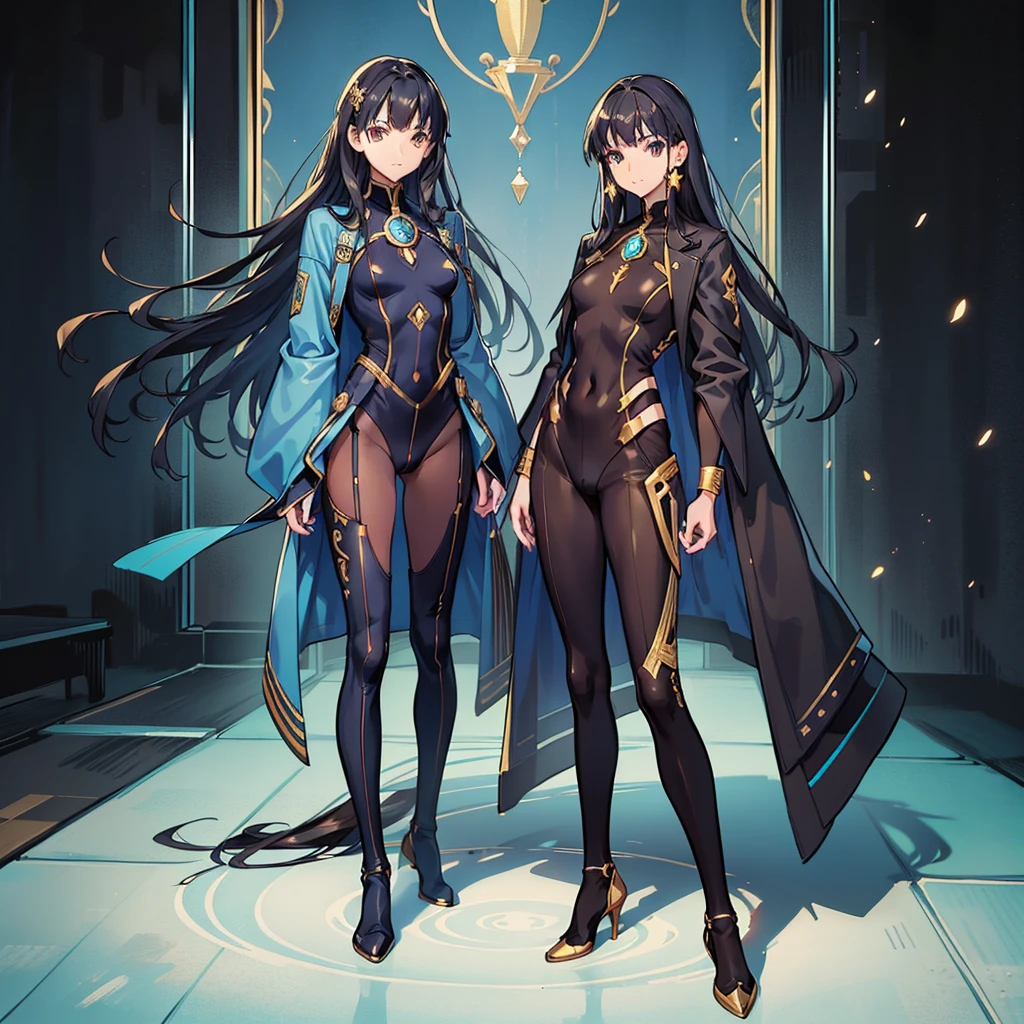 ((Full body photo, standing, feet on the floor)) 2girls, highest quality、shoe without heel, Realistic、female、Japanese、zoom、cute、Brown eyes、Black Hair、long hair、Blue hero suit、Gold accents on suits、Shiny bodysuit、Ocean
