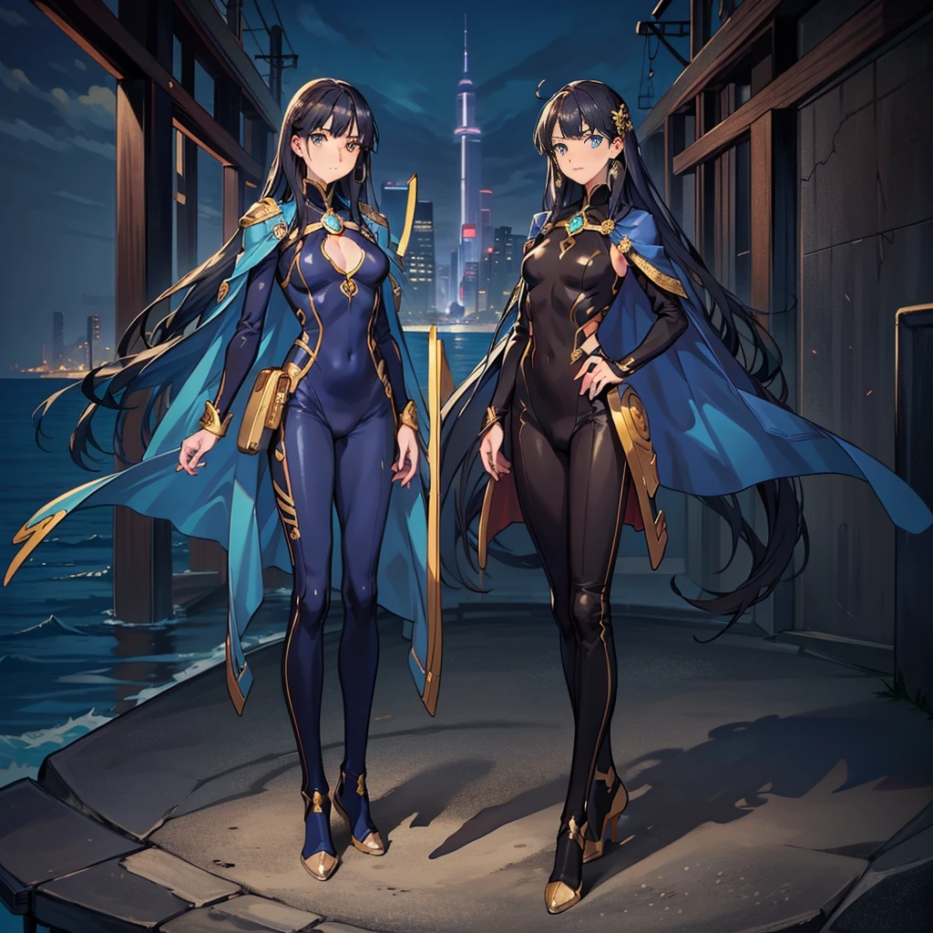 ((Full body photo, standing, feet on the floor)) 2girls, highest quality、shoe without heel, Realistic、female、Japanese、zoom、cute、Brown eyes、Black Hair、long hair、Blue hero suit、Gold accents on suits、Shiny bodysuit、Ocean
