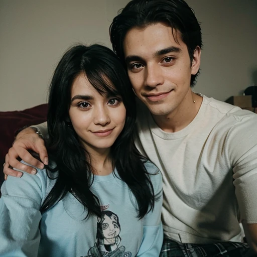 Emo couple, she is Mexican, he is Polish, instagram photo, looking happy Looking at the camera with pajamas comfy looking at followers on video call tender photo pretty eyes