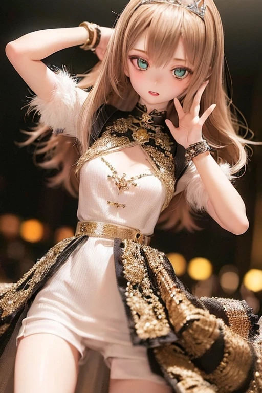 (SFW:2), photorealistic, realistic photo, ((highest quality)), ((masterpiece)), (extremely detailed), kukolnydom, doll, (mature woman, 18yo, 18 years old:1.6), solo, ((cowboy shot, dynamic pose)), (skinny, slender, slim, parted lips), green eyes, brown hair, (looking at another, gradient eyes, shining eyes, detailed eyes, detailed face:1.3), princess dress, tiara, castle, 8k
