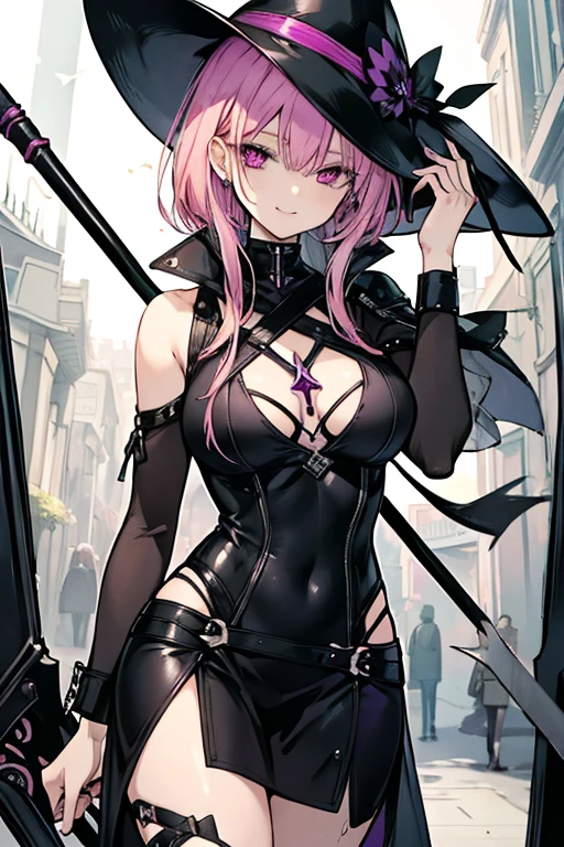 perfect face, perfect hands A pink haired female reaper with violet eyes with an hourglass figure in a leather dress is  exploring a mausaleum with a smile and her scythe in her hand
