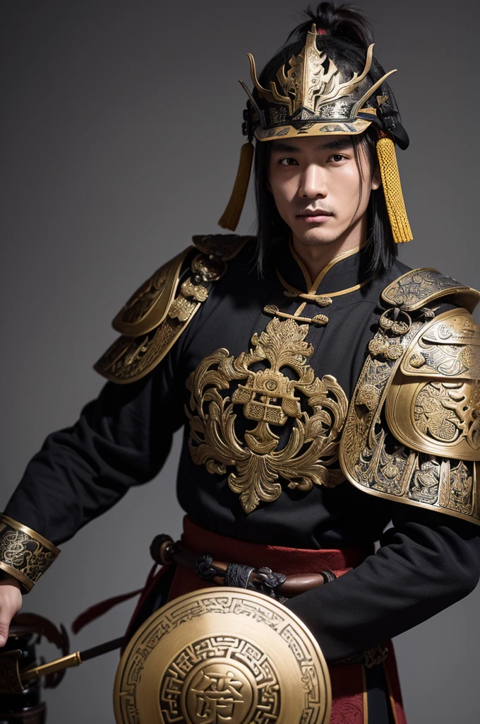 a man, A traditional Chinese armor from the Three Kingdoms era, featuring layered metal plates, ornate helmet with plume, and leather bindings, in black and bronze colors.