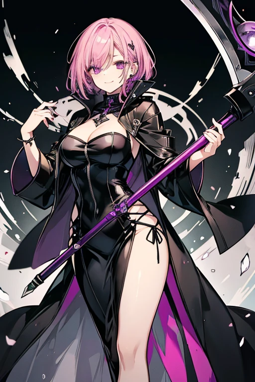 perfect face, perfect hands A pink haired female reaper with violet eyes with an hourglass figure in a leather dress is exploring a mausaleum with a smile and her scythe in her hand