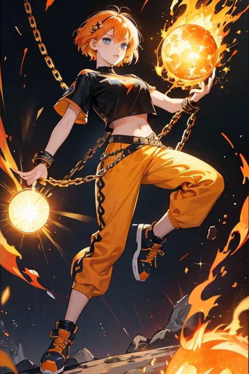 She has short orange hair with clips. She has light skin and blue eyes. She wears a matching top and pants with black flames and a chain. She also has orange and yellow shoes. SPARKLE; GLITTER