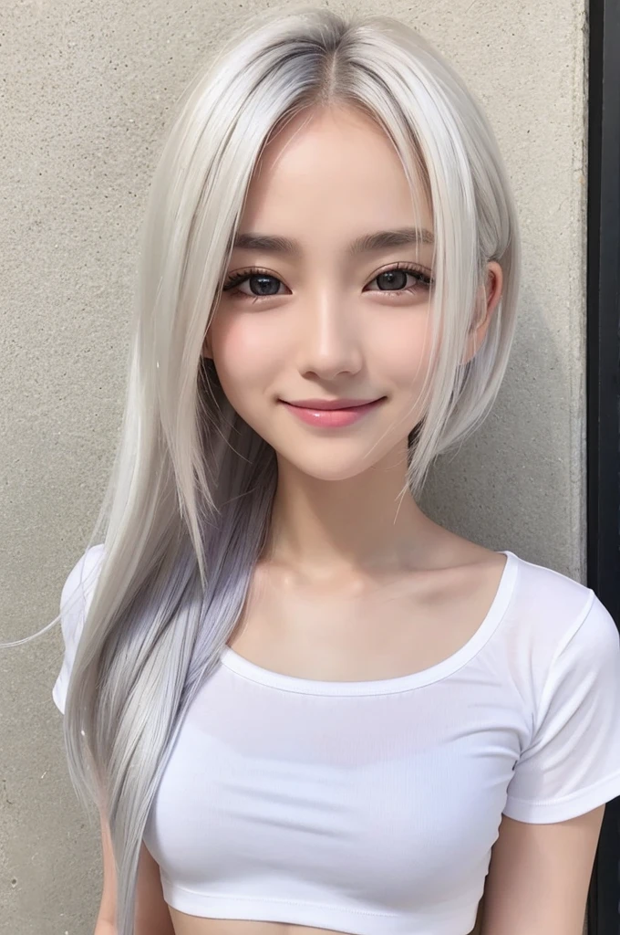 One girl, whitish eyes,center parted hair、forehead,sholder length hair、medium hair、white hair、T-Shirts,(crop top navel:0.8)、gentle smile、Very sexy、upper body,from front,