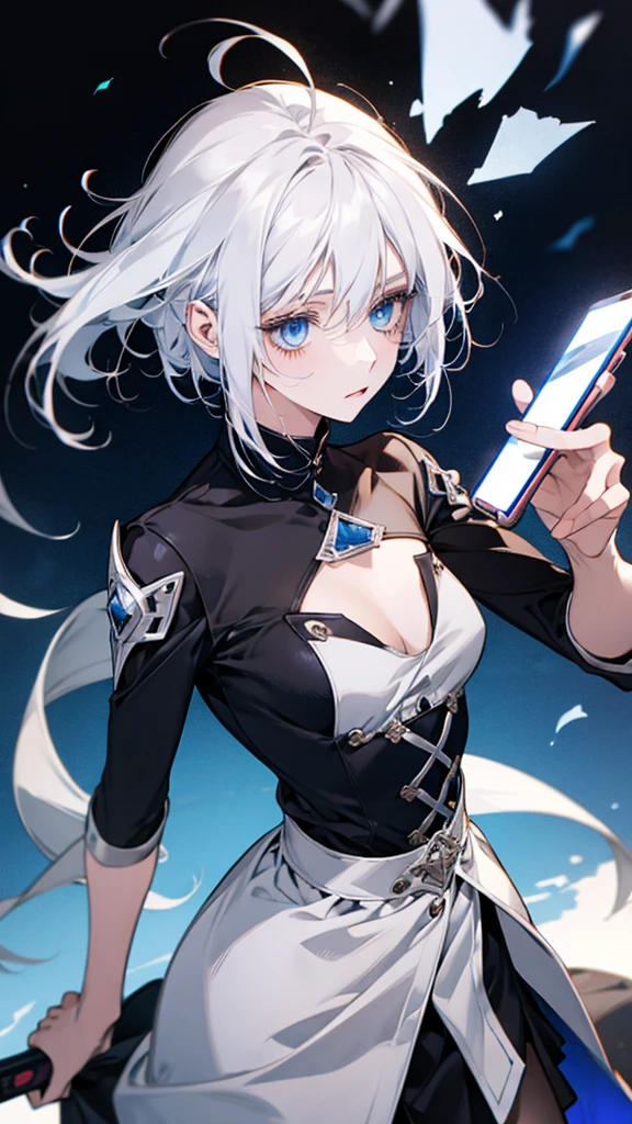 Anime girl with white hair and blue eyes holding a mobile phone, from Girls&#39; Frontline, Girls&#39; Frontline style, Girls&#39; Frontline cg, Fine details. Girls&#39; Frontline, Kantai Collection Style, Girls&#39; Frontline universe, Girls&#39; Frontline, Inspired by Ren Mei, m4 sopmod ii Girls&#39; Frontline, From Arknights, Villain Anime Girl, Cyberpunk anime girl in a hoodie, Nightcore