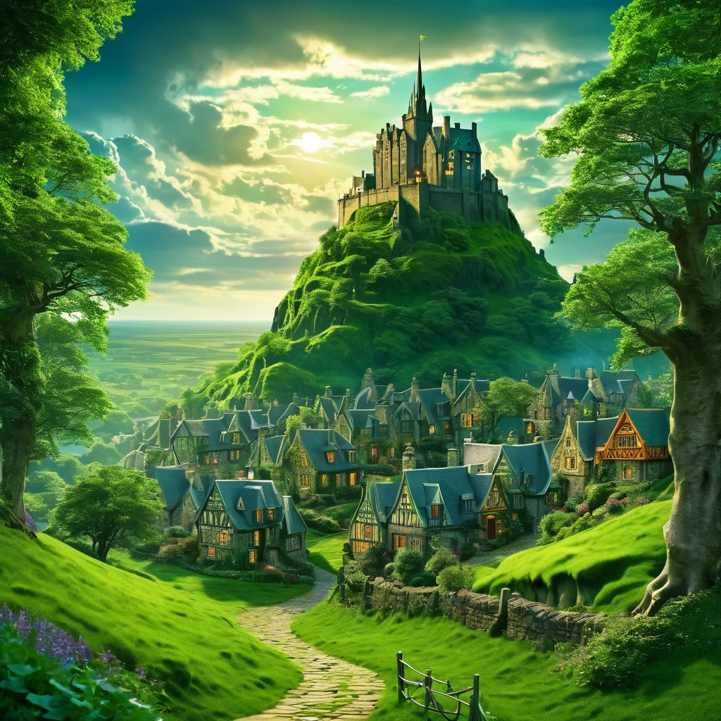 City of Magic, inspired by Edinburgh and London, with many magical houses, surrounded by large forests and green fields, mages, Celtic mythology.