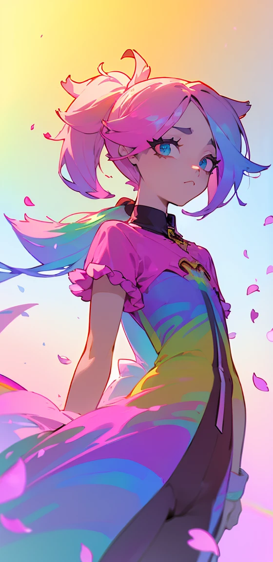 (Pink Fashion T-shirt: 1.9),(colorful fur: 1.8), (all the colors of the rainbow: 1.8),(((((Vertical painting:1.6))), (smarting:1.6),forehead, comic , illustrations, Paintings, large eyes, crystal clear eyes,(Gradient rainbow high ponytail:1.7), exquisite makeup, Closed mouth,(small fresh: 1.5),(clean chest: 1.6), long eyelashes, white off shoulder t-shirt, white shirt with shoulders, looking at the audience, big teary eyes, (rainbow hair:1.6), decline of color, (Alone: 1.8), decline of color, color explosion, Thick paint style, messy lines , ((bright)), (showy), (showy), (showy), showy, Thick paint style, (decline) (color decline), Vertical painting, arise from, smart decline, acrylic pigment, Gradient, smart, A of the highest quality de imagem, of the highest quality, artwork, Alone, depth of field, smart face, showy clothes, (Fashion: 1.2), beautiful, wide, wind, (Fashion: 1.3), ( Petals: 1.4),((artwork))),((Best Quality))),((ultra detailed)),(illustration),(dynamic angle),((floating)),(smarting),( (messy hair)),(Alone),(1 girl) , (((detailed anima face))),((detailed anima face)),(beautiful detailed face)),to take,bare shoulders,by white,((hair showy)),((striped hair)),(beautiful detailed eyes,(Gradient color eyes),((showy eyes))),(((showy background))),(High saturation))),((surrounded by showy declinees))),