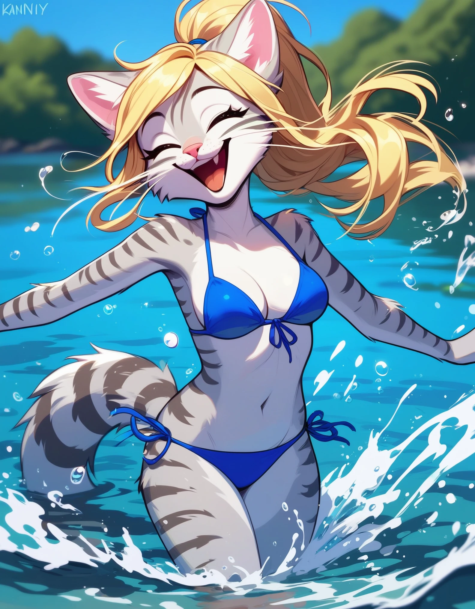 Solo, score_9,score_8_up,score_7_up, source_furry, kat, Anthro furry feline, blonde hair, (ponytail hair):1.3, pink nose, :3, smile, laughing, white whiskers, silver fur, grey stripes, furry body, wearing blue bikini, standing in a river, splashing water, splashing water at viewer, outdoors, sunny day