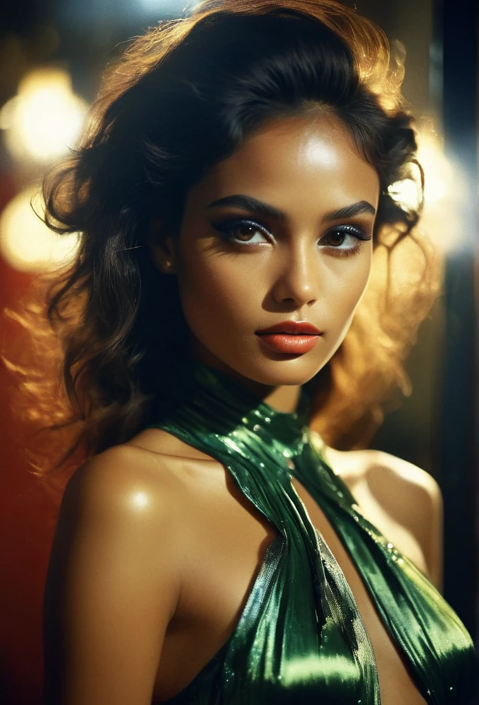 RAW photograph, a beautiful Indonesian woman, perfect seductive face, otherworldy beauty, shiny satin haute couture outfit, creative makeup, masterpiece, 8k, dslr, amazing natural lighting, rich emotive colors, deep darks, high contrast, kodachrome, analog film, 35mm photograph, subsurface scattering, prismatic colored light 