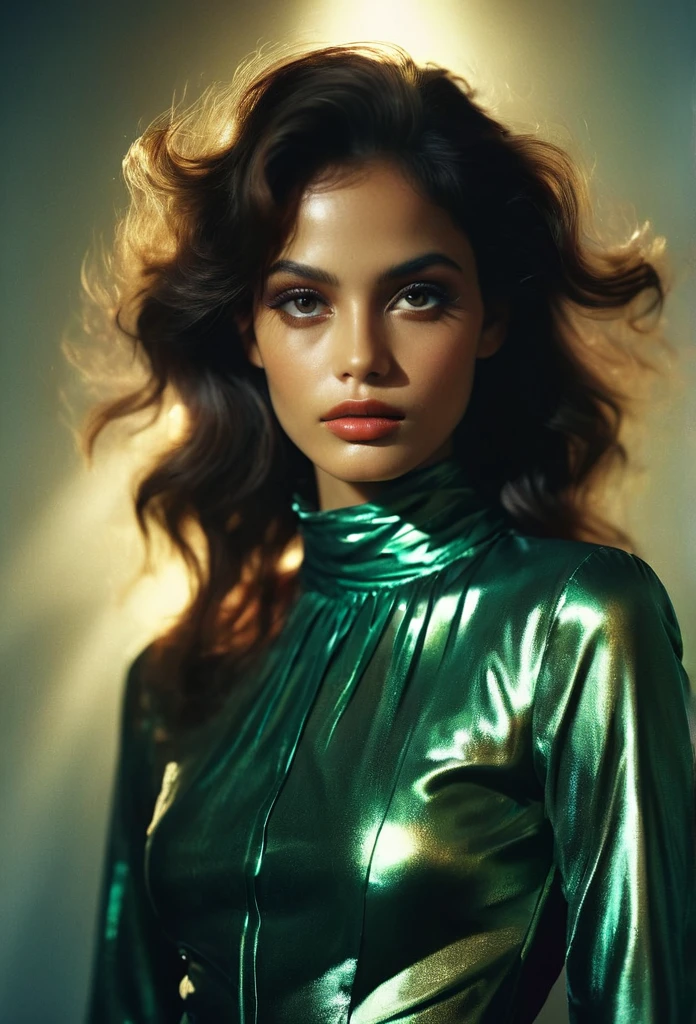 RAW photograph, a beautiful Indonesian woman, perfect seductive face, otherworldy beauty, shiny satin haute couture outfit, creative makeup, masterpiece, 8k, dslr, amazing natural lighting, rich emotive colors, deep darks, high contrast, kodachrome, analog film, 35mm photograph, subsurface scattering, prismatic colored light
