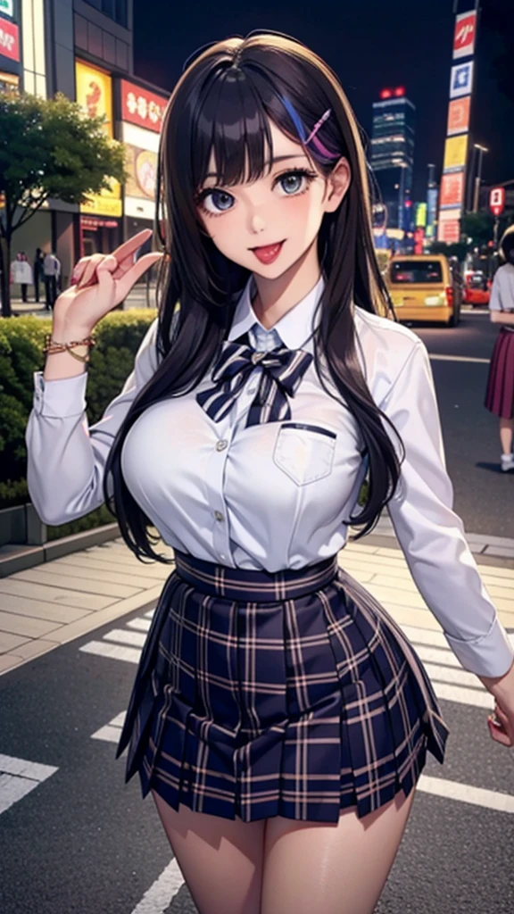 (Highest quality), (so beautiful), (Super detailed), (Best illustrations), Gal, Improve, alone, 1 dog, Rainbow Hair,Long Hair, Messy Hair, Random color eyes, Large Breasts, stripe dress shirt, Pleated skirt,Tokyo,Fancy city,Laughing with your mouth open