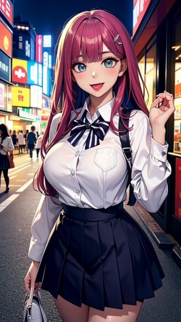 (Highest quality), (so beautiful), (Super detailed), (Best illustrations), Gal, Improve, alone, 1 dog, Rainbow Hair,Long Hair, Messy Hair, Random color eyes, Large Breasts, stripe dress shirt, Pleated skirt,Tokyo,Fancy city,Laughing with your mouth open