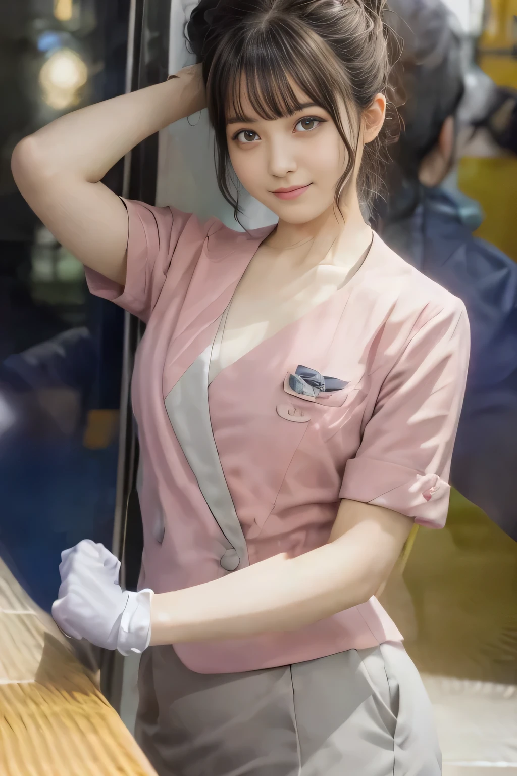 (masterpiece:1.2, Highest quality:1.2), 32k HDR, High resolution, (alone、1 girl)、 (Height: 160cm)、(On the rooftop of a building in the daytime、Professional Lighting)、Building rooftop background、(Nankai train crew uniform pinkを着たリアルスタイル)、(Nankai train crew uniform pink short sleeve collarless pink jacket、Nankai Train Crew Uniform Pink Collarless Short Sleeve Blouse、Nankai Train Crew Uniform Pink Grey Knee-length Culottes)、(The pink jacket is showing from the culottes.)、Dark brown hair、(Hair tied up、Hair tied up、Evening curly hairstyle)、Dark brown hair、Long Shot、Big Breasts、Thin legs、((Great hands:2.0)),((Harmonious body proportions:1.5)),((Normal limbs:2.0)),((Normal finger:2.0)),((Delicate eyes:2.0)),((Normal eyes:2.0)))、smile、(Nankai Train Crew Uniform Pink Grey Knee-length Culottesを見せた美しい歩く姿)、Place your hands around your stomach