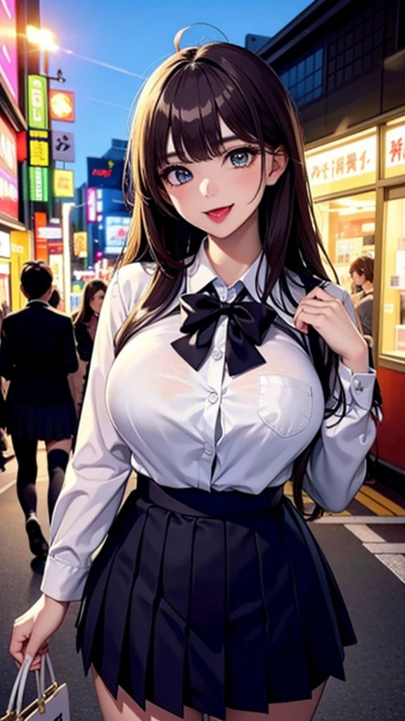 (Highest quality), (so beautiful), (Super detailed), (Best illustrations), Gal, Improve, alone, 1 dog, Rainbow Hair,Long Hair, Messy Hair, Random color eyes, Large Breasts, stripe dress shirt, Pleated skirt,Tokyo,Fancy city,Laughing with your mouth open
