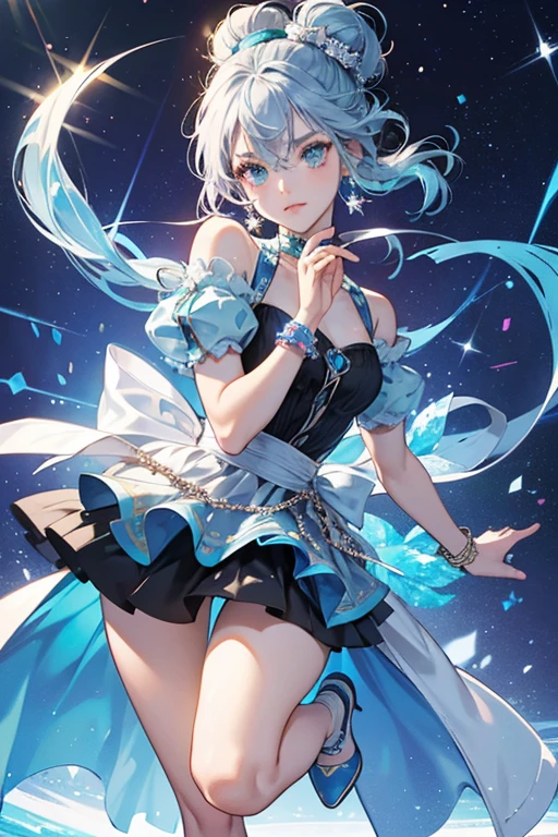 Ice has blue glittery hair in two buns on top of her head. She has dark skin and brown glittery eyes. She wears a shimmering silver top and skirt. She has silver cat eye sunglasses, clear glittery shoes with pom poms, silver dangle earrings, a pearl bracelet, and a sliver and blue bottle. When under a black light she has green skin and her outfit is pink, orange, and green. SPARKLE; GLITTER