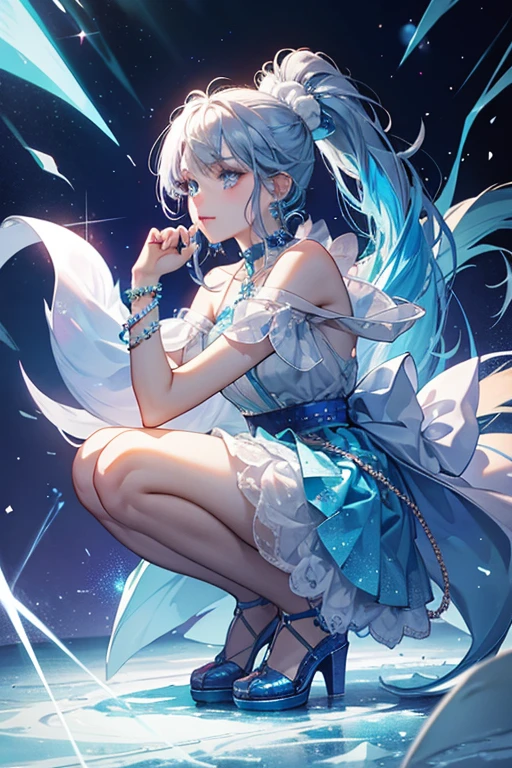 Ice has blue glittery hair in two buns on top of her head. She has dark skin and brown glittery eyes. She wears a shimmering silver top and skirt. She has silver cat eye sunglasses, clear glittery shoes with pom poms, silver dangle earrings, a pearl bracelet, and a sliver and blue bottle. When under a black light she has green skin and her outfit is pink, orange, and green. SPARKLE; GLITTER