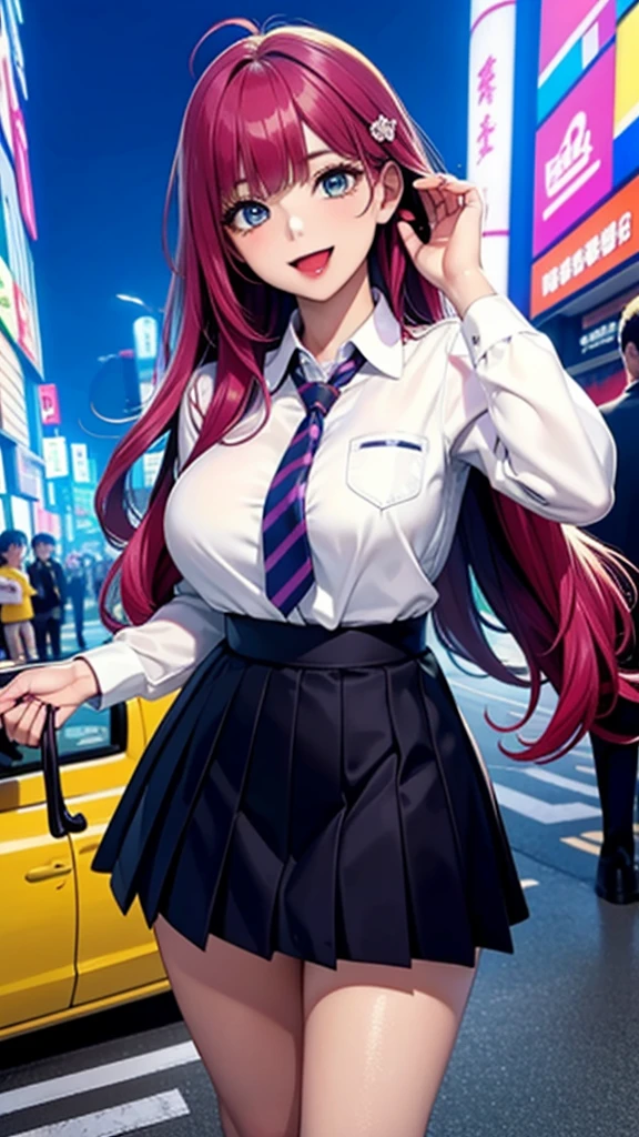 (Highest quality), (so beautiful), (Super detailed), (Best illustrations), Gal, Improve, alone, 1 dog, Rainbow Hair,Long Hair, Messy Hair, Random color eyes, Large Breasts, stripe dress shirt, Pleated skirt,Tokyo,Fancy city,Laughing with your mouth open