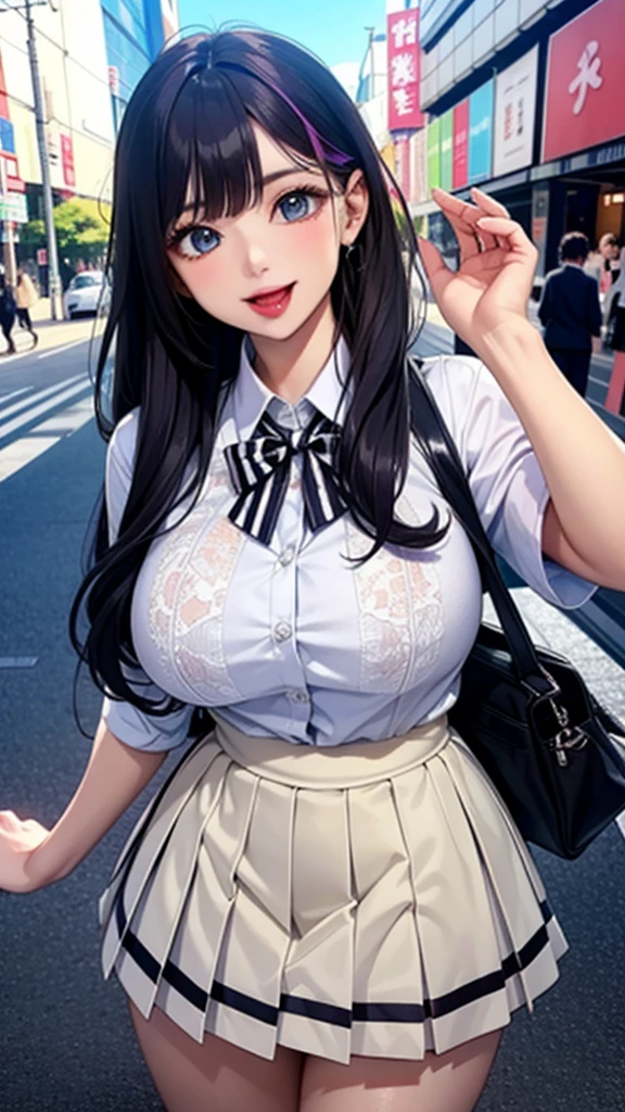 (Highest quality), (so beautiful), (Super detailed), (Best illustrations), Gal, Improve, alone, 1 dog, Rainbow Hair,Long Hair, Messy Hair, Random color eyes, Large Breasts, stripe dress shirt, Pleated skirt,Tokyo,Fancy city,Laughing with your mouth open