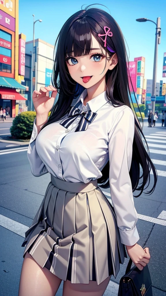 (Highest quality), (so beautiful), (Super detailed), (Best illustrations), Gal, Improve, alone, 1 dog, Rainbow Hair,Long Hair, Messy Hair, Random color eyes, Large Breasts, stripe dress shirt, Pleated skirt,Tokyo,Fancy city,Laughing with your mouth open
