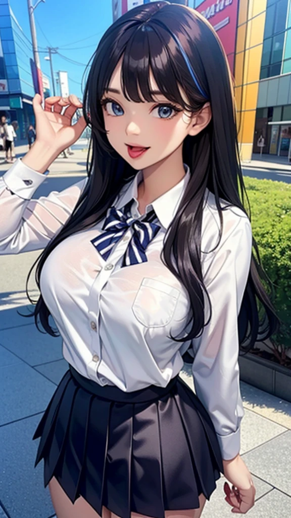 (Highest quality), (so beautiful), (Super detailed), (Best illustrations), Gal, Improve, alone, 1 dog, Rainbow Hair,Long Hair, Messy Hair, Random color eyes, Large Breasts, stripe dress shirt, Pleated skirt,Tokyo,Fancy city,Laughing with your mouth open