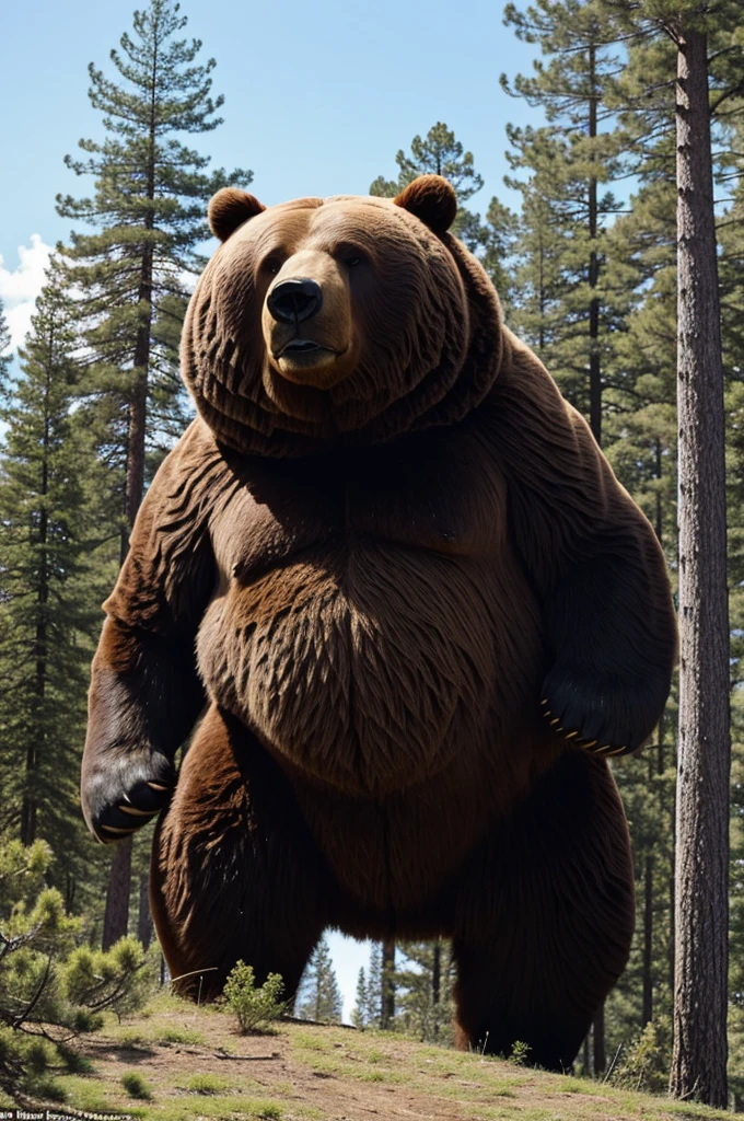 a huge bear , so big that it reaches almost halfway up the huge pine trees , He has past scars and is very aggressive , It's a brown bear tied to chains in a huge metal cage in the middle of a warehouse.