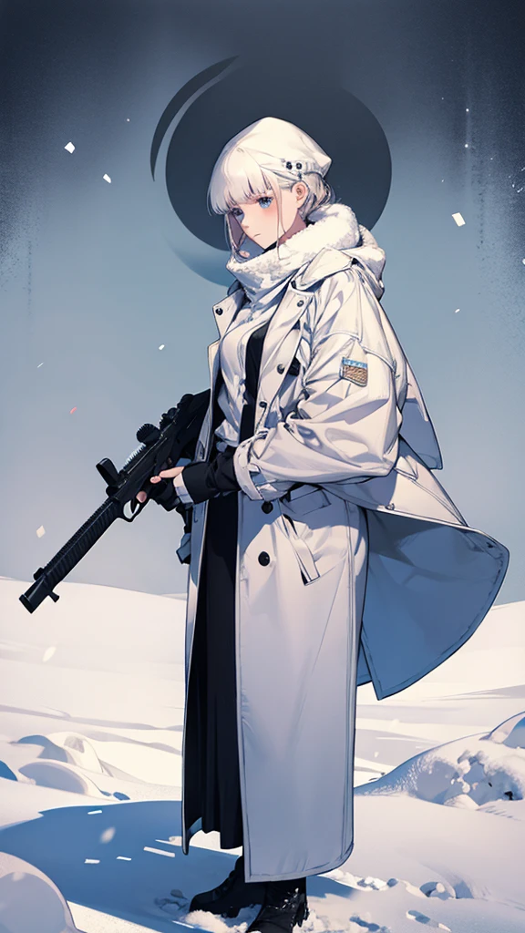 Woman with gun in hand standing in snow, from Girls&#39; Frontline, Girls&#39; Frontline style, from Arknights, Fine details. Girls&#39; Frontline, Gray-haired, Girls&#39; Frontline cg, Girls&#39; Frontline universe, A profound winter aesthetic, Gray-haired, Girls&#39; Frontline, perfect Gray-haired girl, Gray-haired deity, Arknights, Kantai Collection Style
