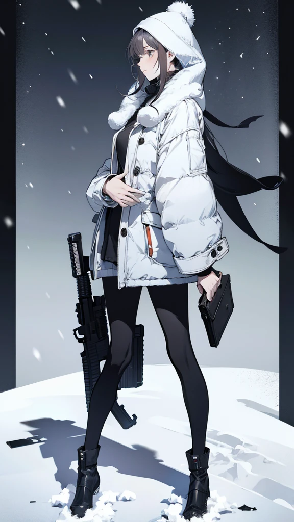 Woman with gun in hand standing in snow, from Girls&#39; Frontline, Girls&#39; Frontline style, from Arknights, Fine details. Girls&#39; Frontline, Gray-haired, Girls&#39; Frontline cg, Girls&#39; Frontline universe, A profound winter aesthetic, Gray-haired, Girls&#39; Frontline, perfect Gray-haired girl, Gray-haired deity, Arknights, Kantai Collection Style
