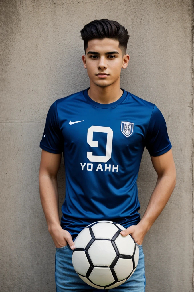A young man with his soccer ball for a t-shirt logo , the new youth 