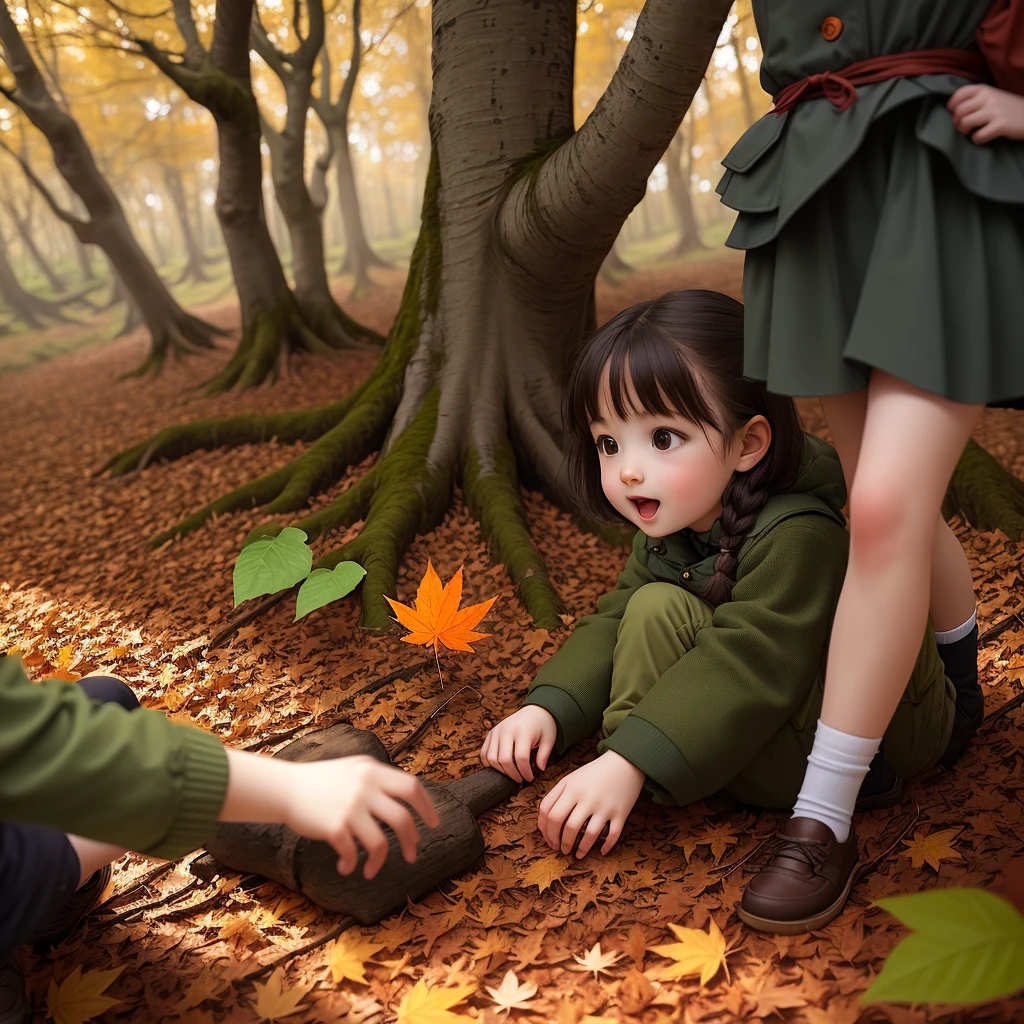 Children playing with leaves in the forest in autumn