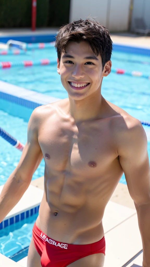 male Age 21 swimwear lifeguard topless smile